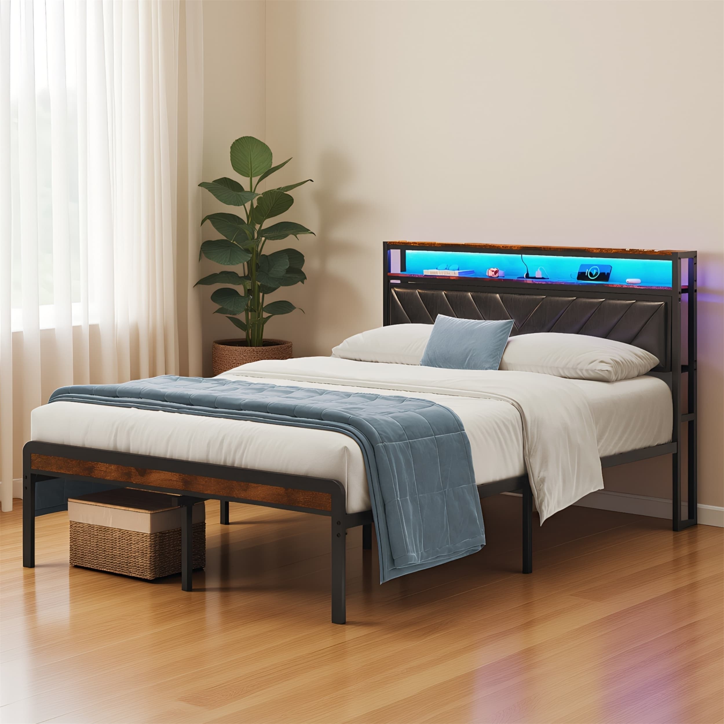 Full Size Bed Frame with Adjustable Metal Headboard, Charging Station