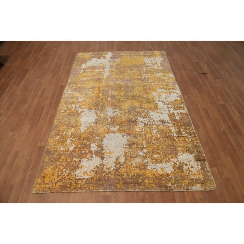 Hand Knotted Oriental Viscose Silk Carpet Modern Abstract Yellow & Gold Abstract Area Rug - 7' 10'' X 4' 11''