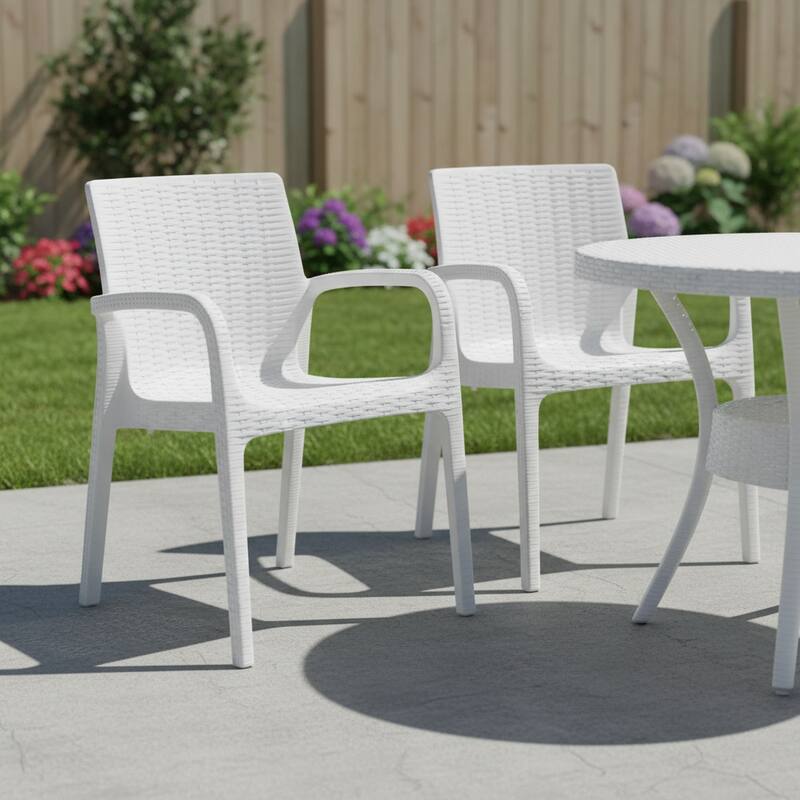 HomeRoots Set of Two White Faux Rattan Heavy Duty Plastic Outdoor Stacking Arm Chairs