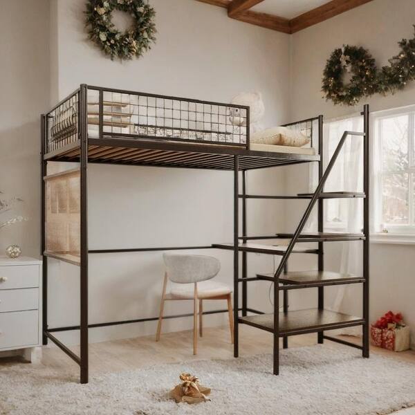 slide 2 of 10, Twin Loft Bed w/ LED Lighting & Multi-Storage, Heavy Duty Frame Black
