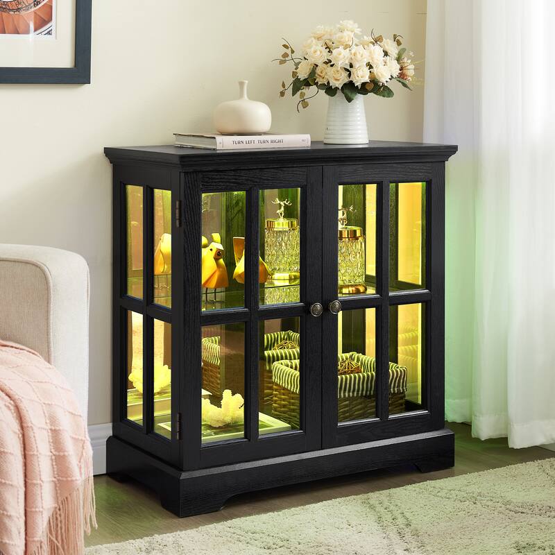 LED Curio Display Cabinet with Grille Doors, Antique Display Cabinet with Adjustable Shelves, Wooden Accent Storage Cabinet