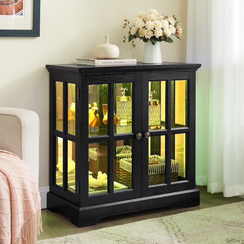 Modern Black Glass Cabinet with Acrylic Back and Two Doors Adjustable Shelving for Home Decor - 30.32”L x 15.75”W x 32.09”H
