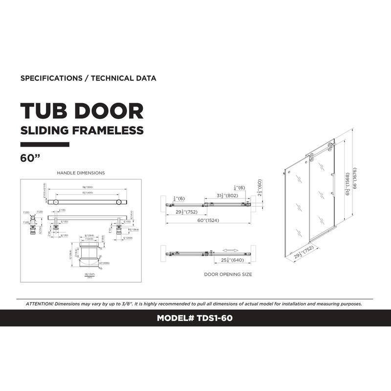 Fine Fixtures Tub Door Sliding Frameless Tempered Glass