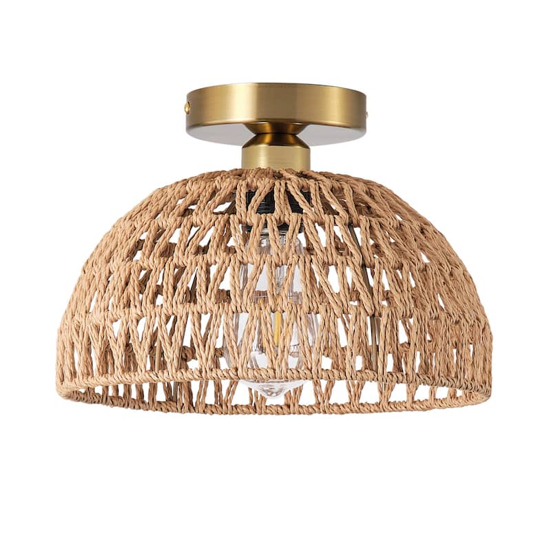 Handmade Woven Paper Rope Dome Boho Semi Flush Mount Ceiling Light
