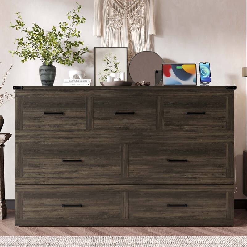 Murphy Bed Cabinet with Charging Station, Large Storage Drawer