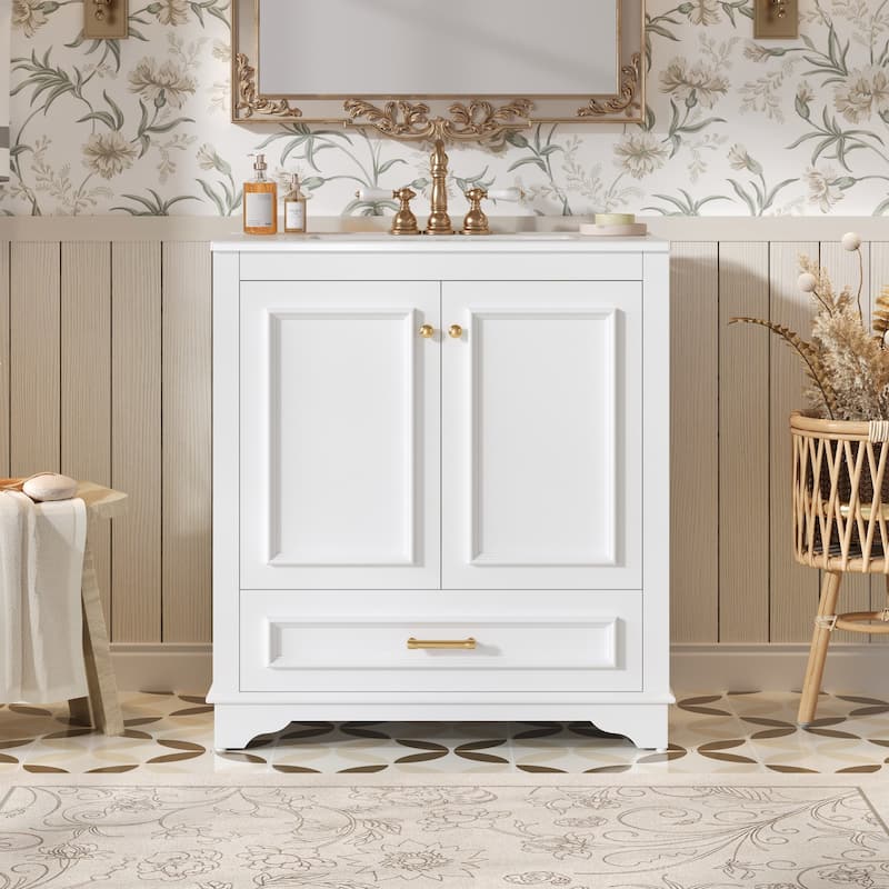 Luxurious 30" Bathroom Vanity with Ceramic Sink, 2 Soft Closing Doors & Solid Wood Frame Storage Cabinet