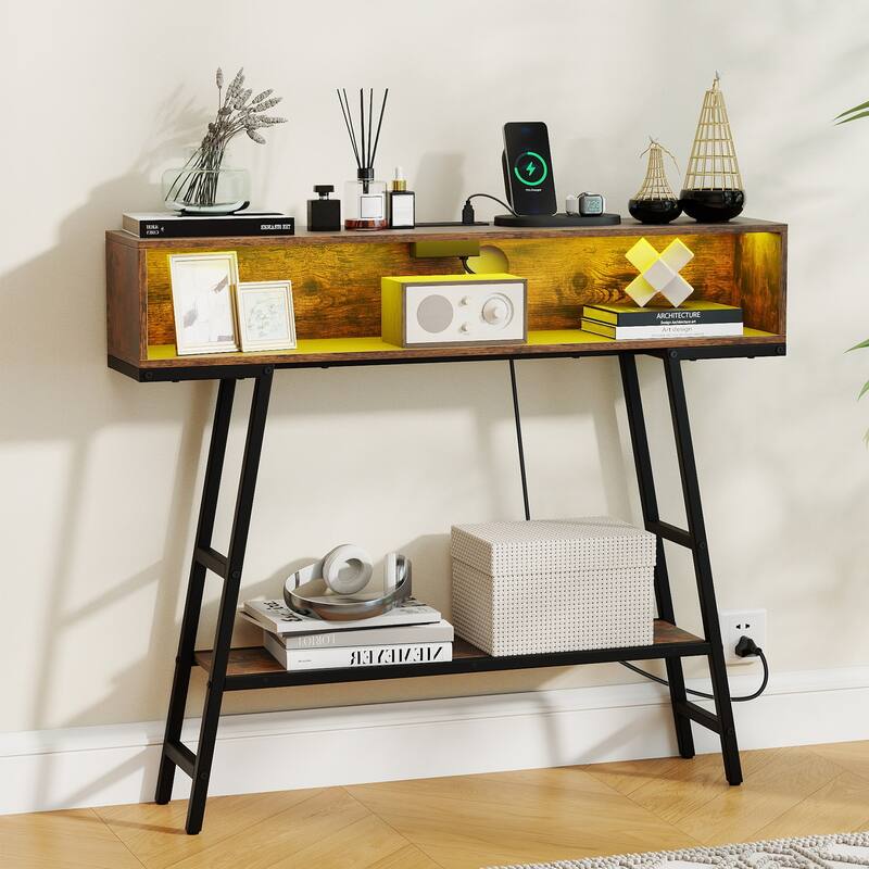 Gymax 40'' Console Table w/ Power Strip 3-Tier Entryway Table w/ RGB