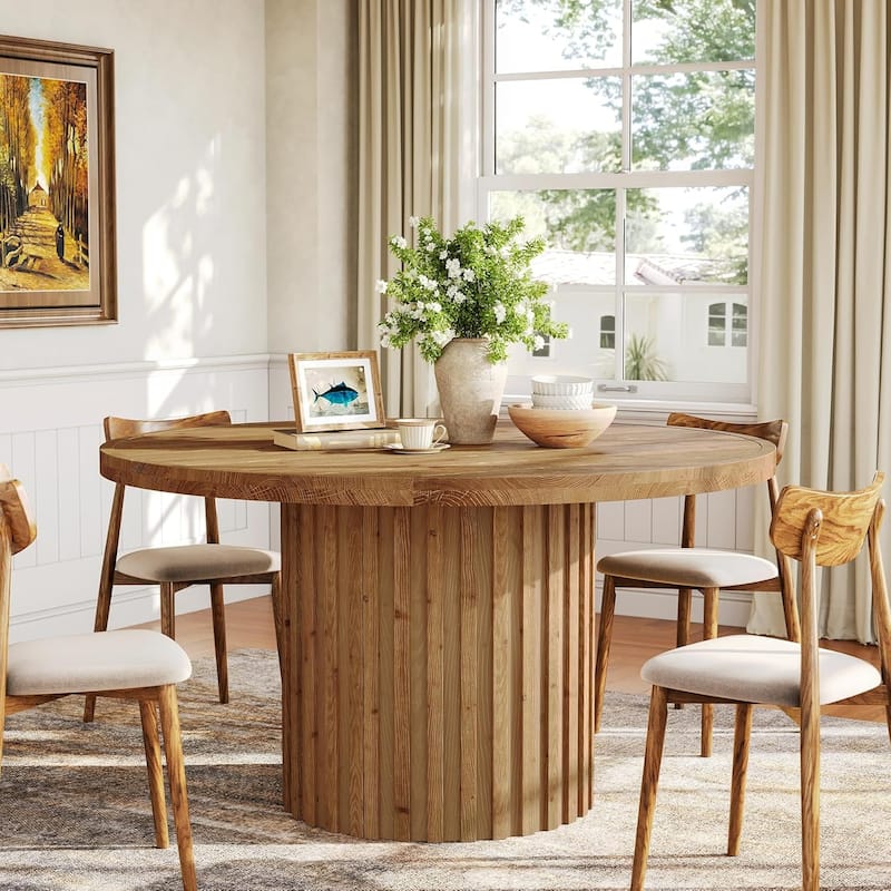 47" Solid Wood Round Farmhouse Pedestal Dining Table Kitchen Table for 4-6 - 47" L × 47" W × 29.5" H