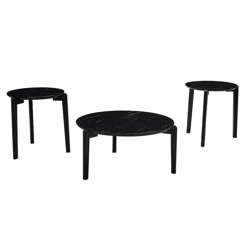 Modern 24-Inch Round Coffee Table - Stylish Imitation Marble Top with Solid Rubber Wood Legs-Perfect Small Wooden Coffee Table