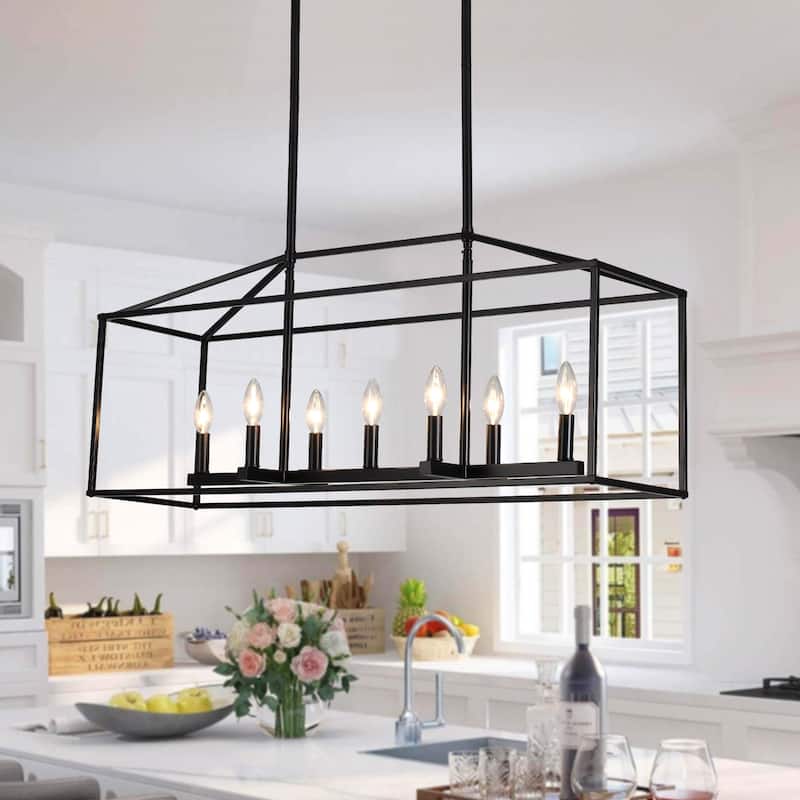 37.79" Wide 7-Light Traditional Farmhouse Rectangle Chandelier, Semi Flush Mount Chandelier, Kitchen Island Chandelier - Black
