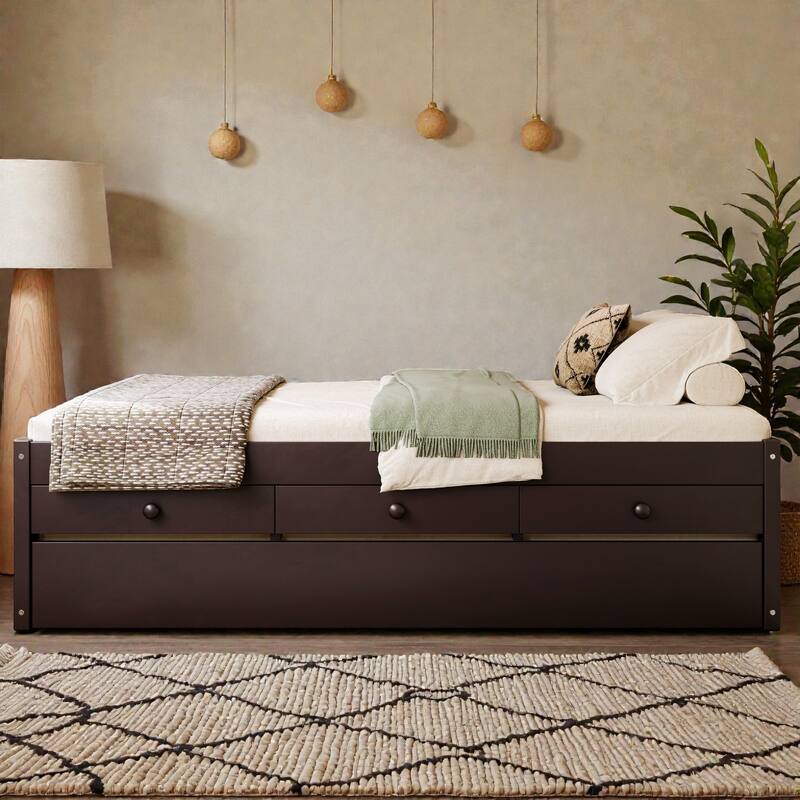 Platform Bed with Trundle, 2 Storage Drawers and Built In Power Strip, Solid Wood Bed Frame