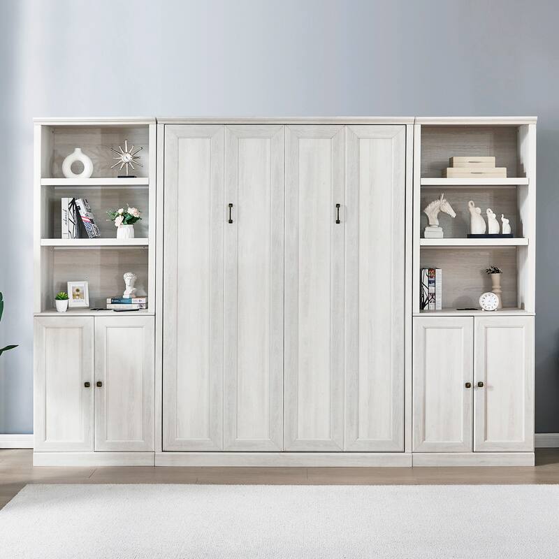 Half Self-Close and Open Murphy Bed with 2 Side Cabinet Storage Shelf