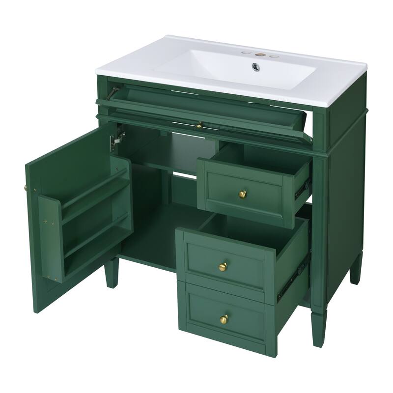 Single Sink Vanity for Bathroom Storage Cabinet with Tip-out Drawer, Small Drawer, Large Drawer, Door Rack and Adjustable Shelf