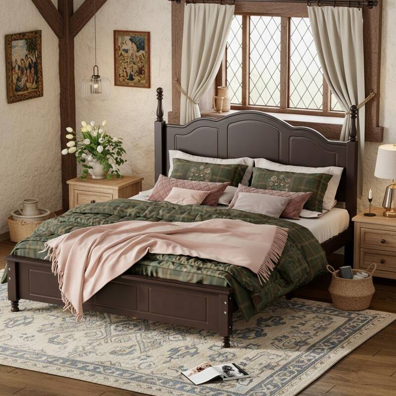 Retro Wood Platform Bed Frame with Wooden Slat Support by Harper&Bright Designs - Walnut - Queen