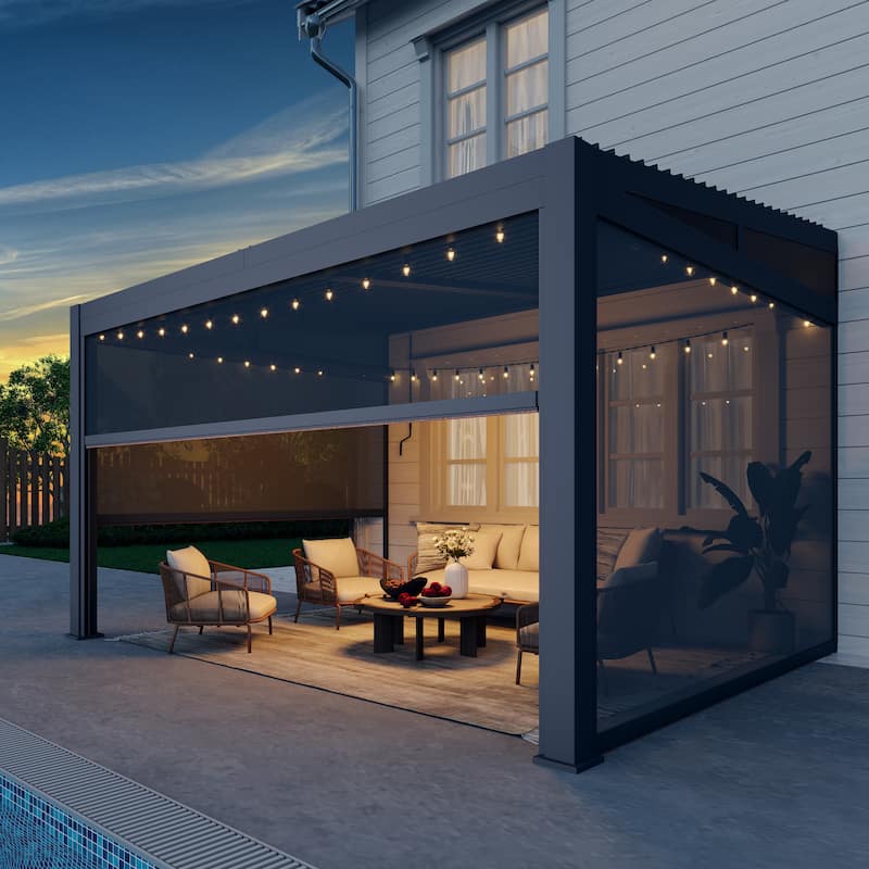 Erommy Wall-Mounted Pergola with Louvered Roof & Pull-Down Screen, Aluminum Awning for Patio or Deck