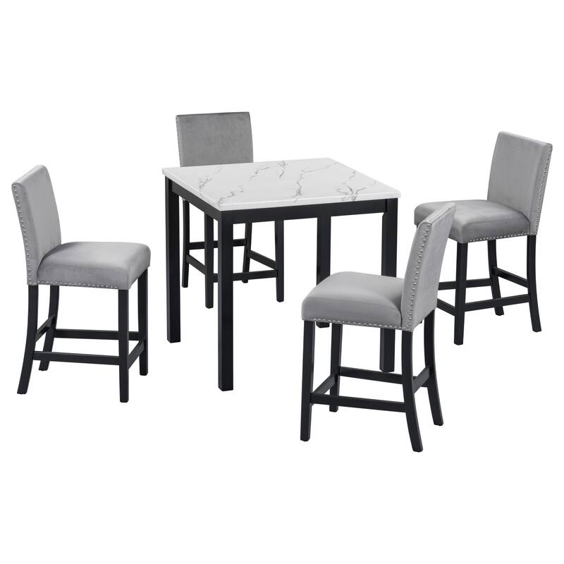 35" Faux Marble Top Dining Table and 4 Velvet Chairs, 5-Piece Dining Set