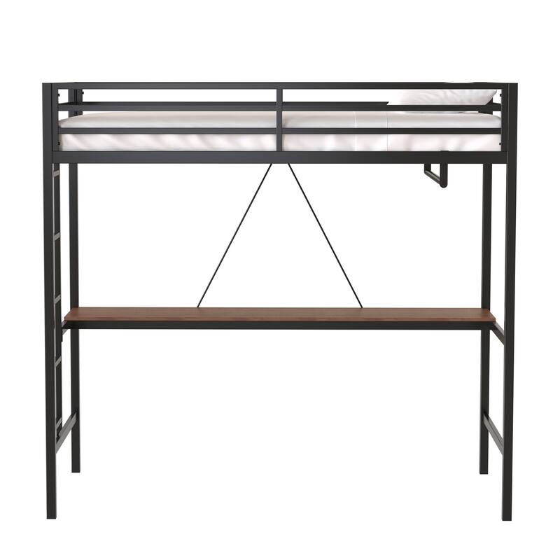 Sturdy Twin Size Loft Bed with Cinnamon Wood Desk and Closet Rod, Metal High Loftbed Frame with Ladder and Guardrails
