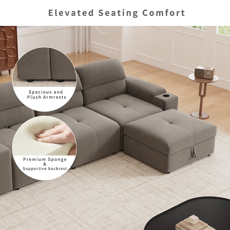Down Filling Modular Deep Seat Couch L-shaped Sectional Sofa with Adjustable Backrest, Cup Holders, Storage Armrests and Ottoman