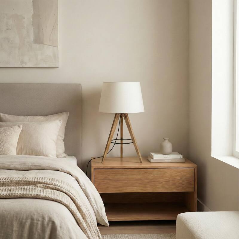 Irina Wooden Tripod Table Lamp with Trapezoid Linen Shade