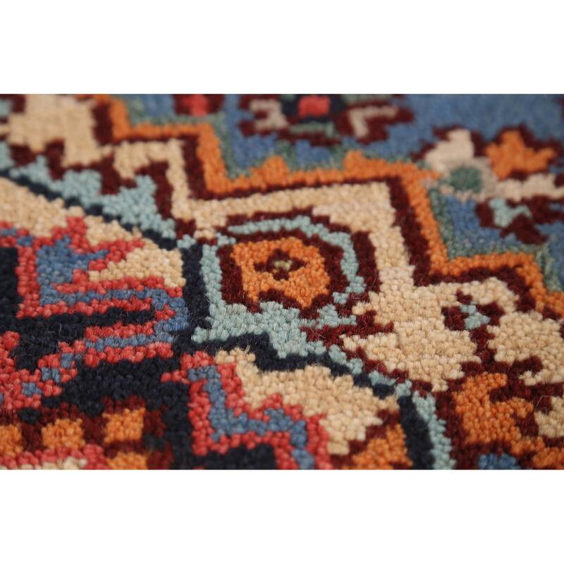 Hand Knotted Oriental 100% Wool Carpet Traditional Geometric Navy Blue & Blues Heriz (serapi) Runner Rug - 7' 10'' X 2' 7''