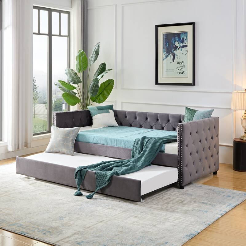 Velvet Upholstered Daybed with Trundle