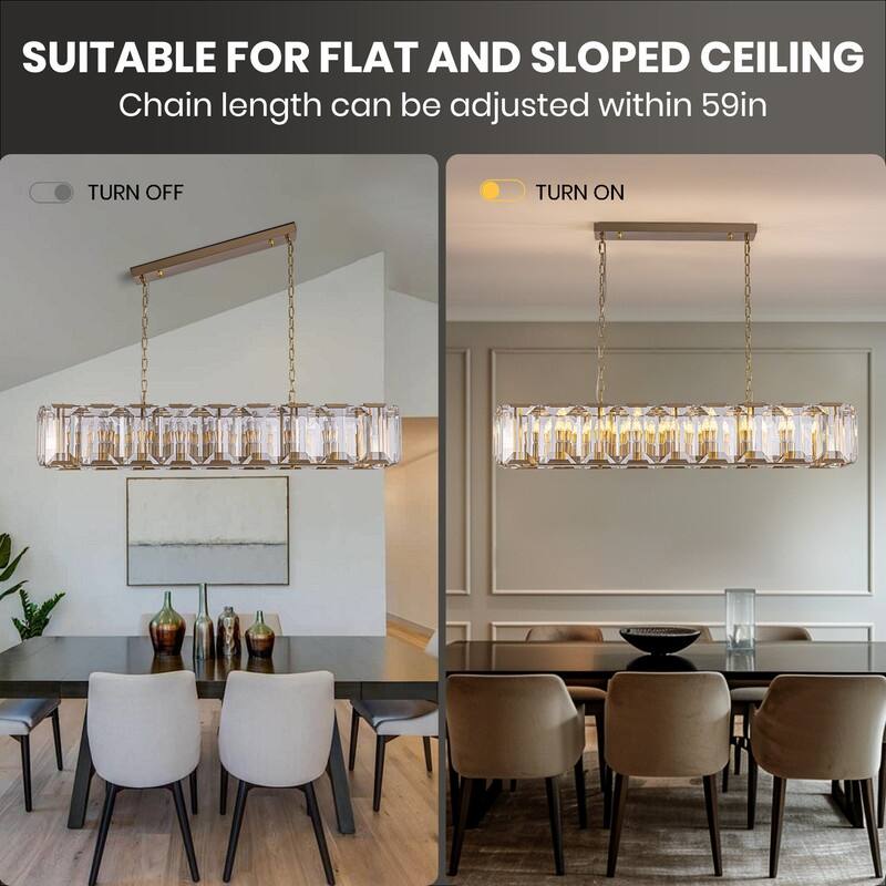 48 in. Gold Modern Crystal Chandelier 18-Light Rectangular Water Ripple Glass Chandeliers for Dining Room