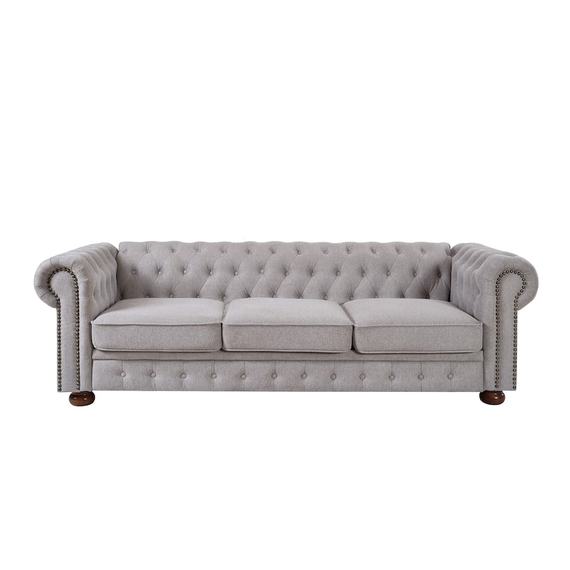Light Grey Linen Fabric Chesterfield Sofa, 88x37x28 inches