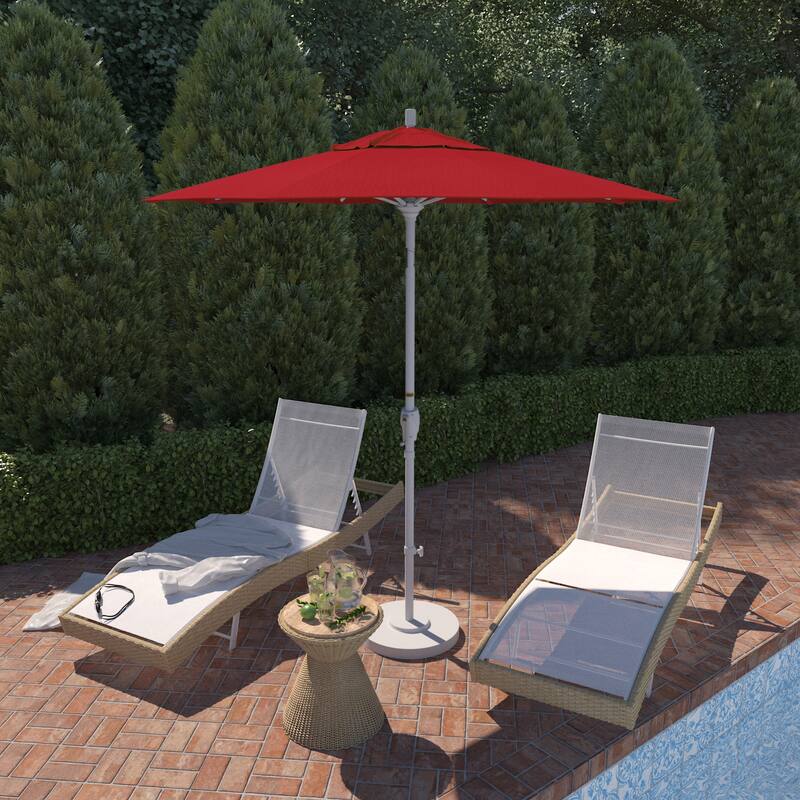 California Umbrella 7.5' Round Crank Lift Push Button Tilt White Aluminum Patio Umbrella Sunbrella - Jockey Red