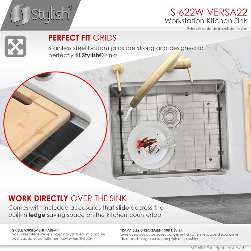 STYLISH 22 inches Workstation Single Bowl Undermount 16 Gauge Stainless Steel Kitchen Sink with Built in Accessories Handmade