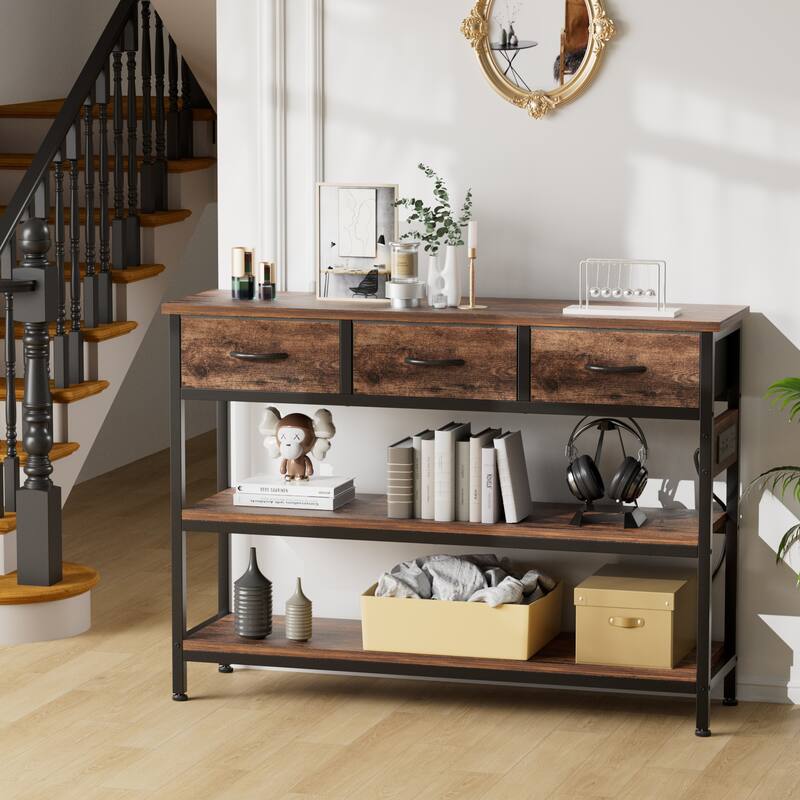 43.3" Console Table with 3 Fabric Drawers, Power Outlets & USB Ports