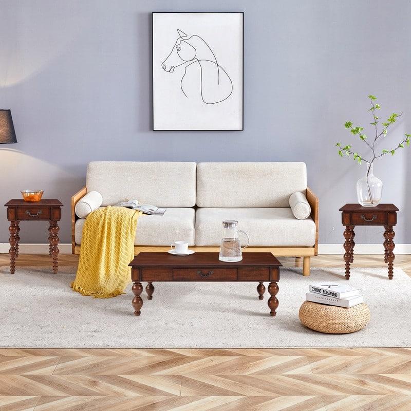 Retro 3-Piece Solid Wood Coffee Table Set with Storage Drawer, Vintage Design for Living Room and Office Decor