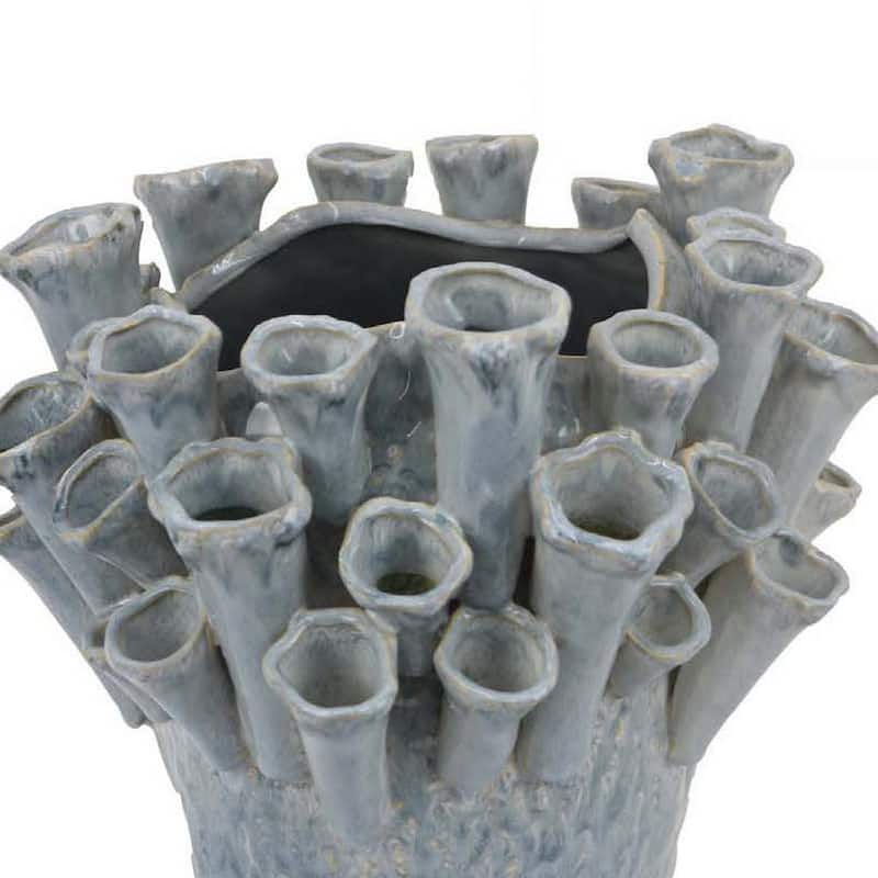 Decorative Vase, Coral Inspired Coastal Design, 13 Inch Blue Ceramic