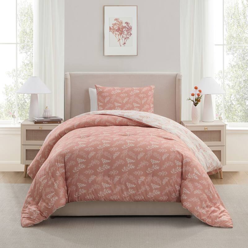 Empyrean 3PC Reversible Botanical Printed Comforter Bedding Set - Bali Blush - Twin