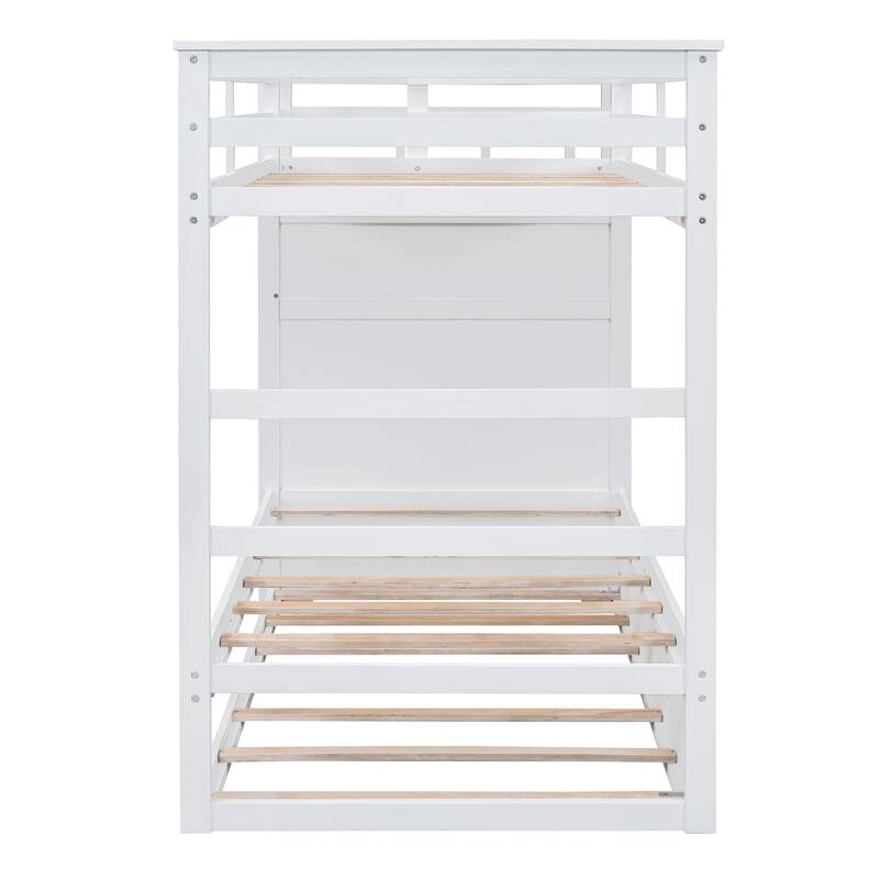 White Twin Over Twin Bunk Bed with Trundle, Staircase and Storage Drawers, Space-Saving Design