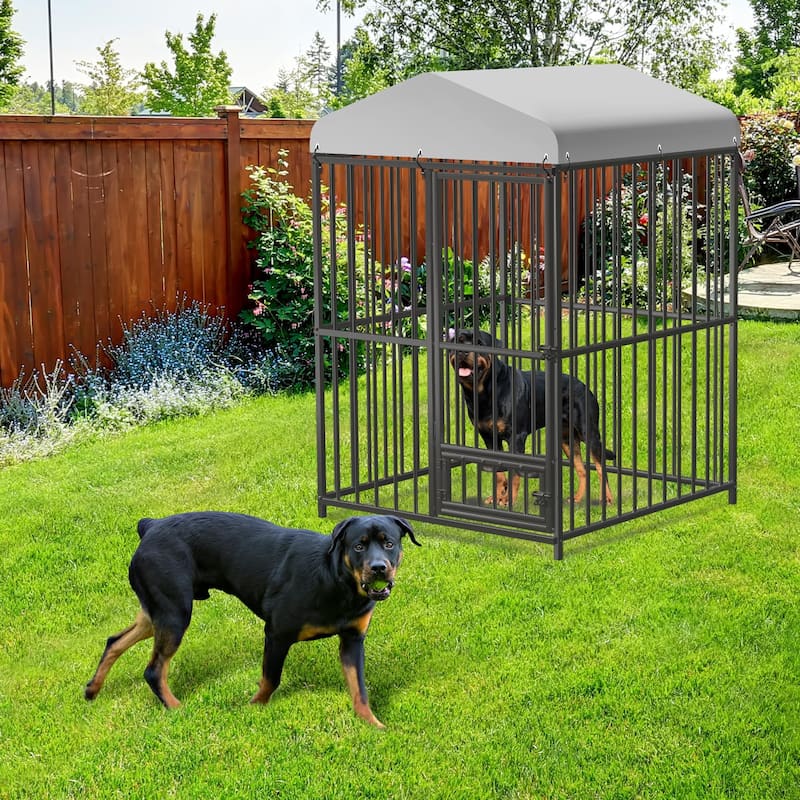 Large Outdoor Dog Kennel with Roof, Heavy Duty Metal Cage, Feeding Bowl & Lock