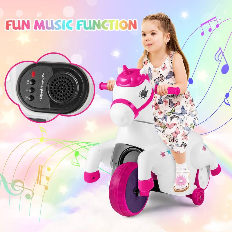 Gymax 12V Kids Ride on Unicorn Toy w/ Training Wheels Music One-button