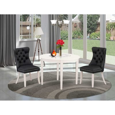3-Piece Linen White Finish Round Solid Wood Top Dining Table Set