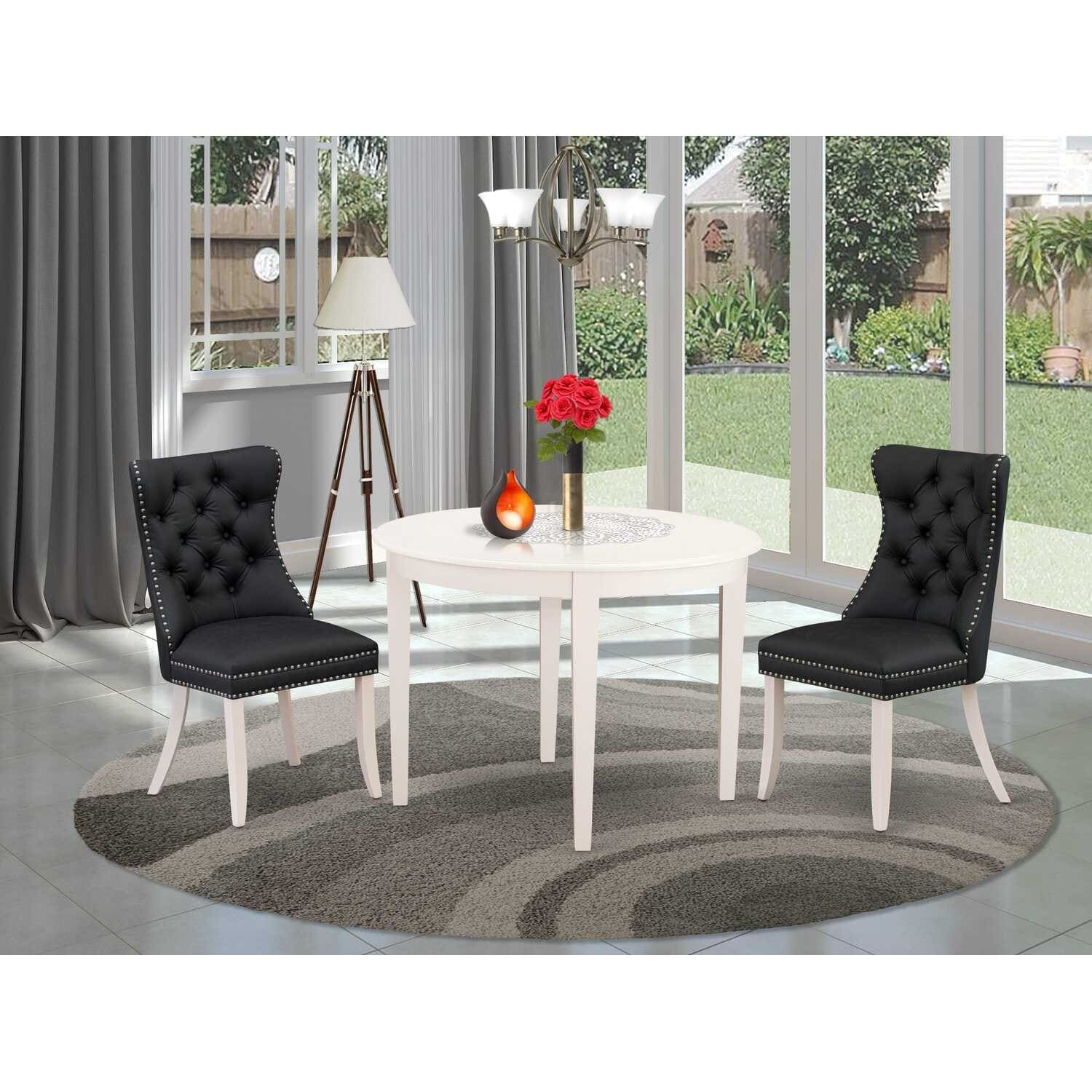 3-Piece Linen White Finish Round Solid Wood Top Dining Table Set