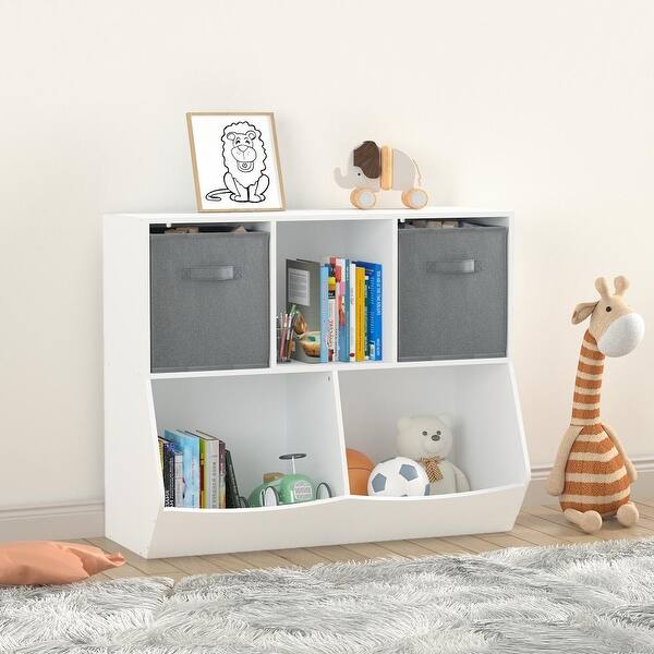 slide 2 of 12, Kids Bookcase with Collapsible Fabric Drawers,Toy Storage Cabinet White+Gray
