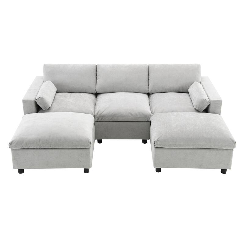 86.5" Chenille Modular Sectional Sofa with Storage Pockets, 5-Seater U-Shaped Couch Set amd 2 Movable Ottomans