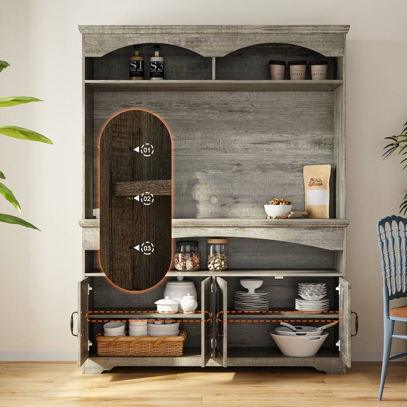 Coffee Bar Cabinet with Hutch and Storage Shelves Rustic Buffet Cabinet with 4 Doors for Kitchen or Dining Room