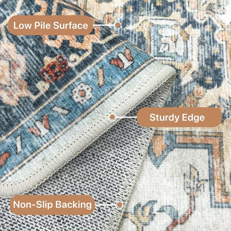 Mcow Neutral Floral Low Pile Machine Washable Non-Slip Area Rug