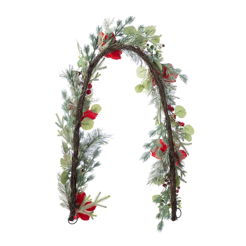 Glitzhome Christmas Artificial Plant Set, Red Mangnolia Wreath, Garland, and Set of 2 Entrance Potted Trees with LED Lights