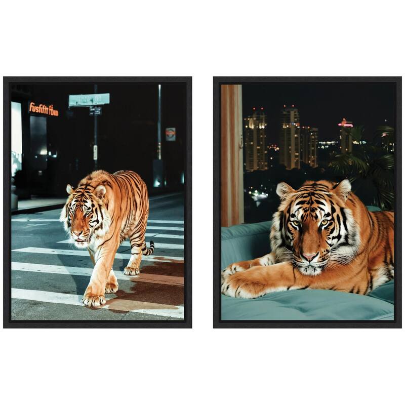 Kate and Laurel Sylvie Tiger in the City at Night Framed Canvas Art Set by Michael Schauer