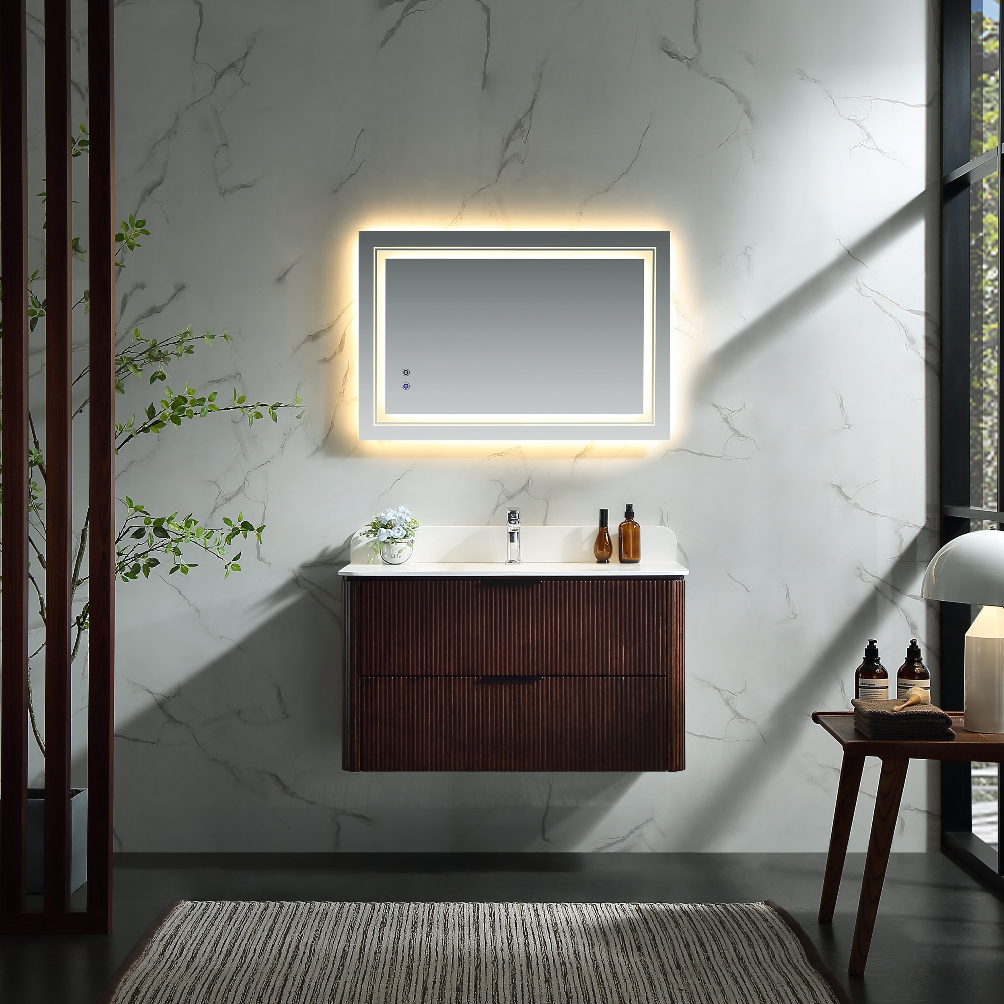 Modland 36" Wall-Mounted Bathroom Vanity with Single Sink, Solid Wood and Soft-Close Drawers in Walnut or Black