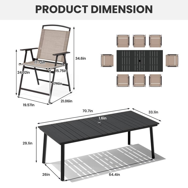 9-Piece Outdoor Dining Set Rectangle Patio Dining Table with Umbrella Hole and Folding Chairs