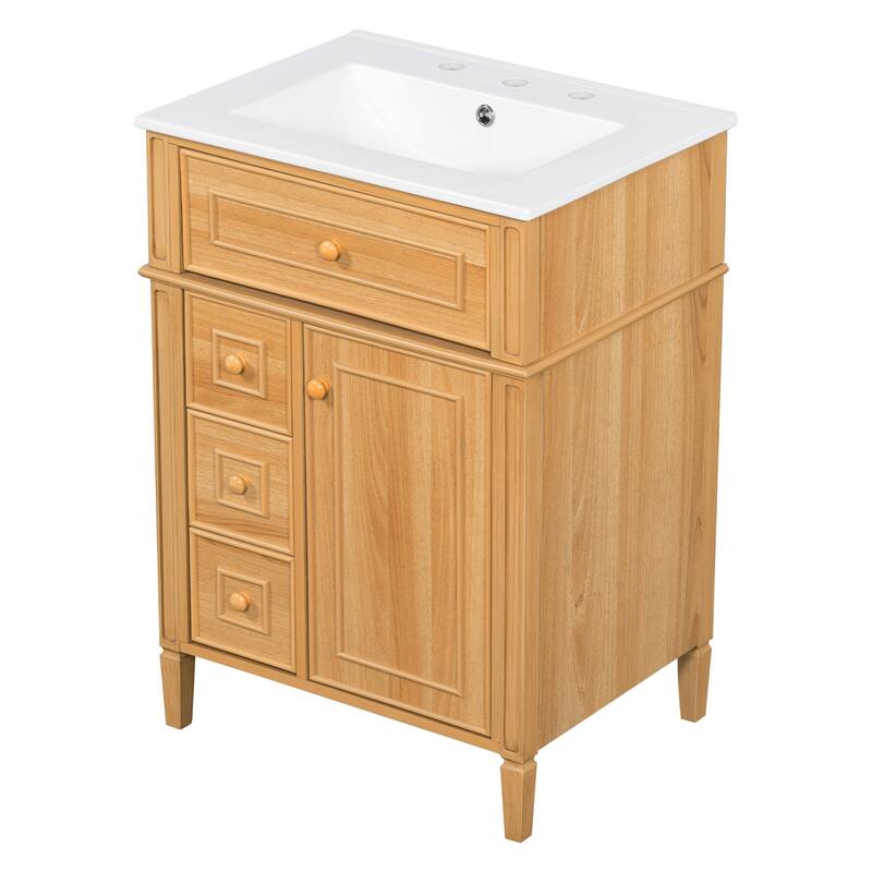 24" Bathroom Vanity with Sink - Wood Cabinet with Flip-Out Drawer, 2 Soft-Close Drawers & Door, Solid Wood & MDF
