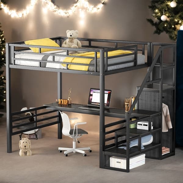 slide 2 of 18, Full Metal Loft Bed with Desk, Storage Stairs, and Wardrobe