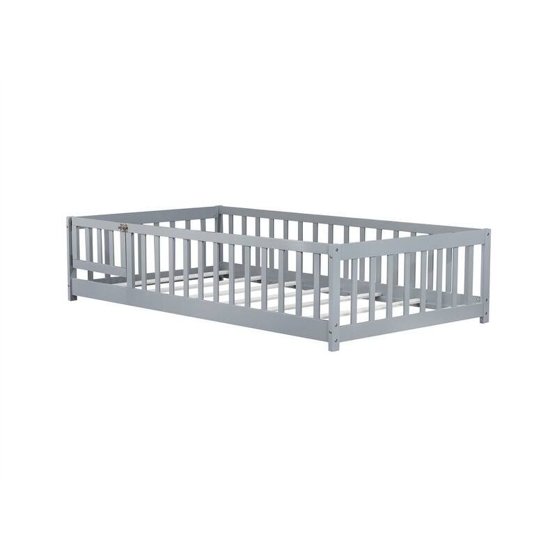 Twin/Full/Queen Size Floor Bed with Fence Guardrails and Door, Rubber Wood Toddler Bed Montessori Bed with Slats Support