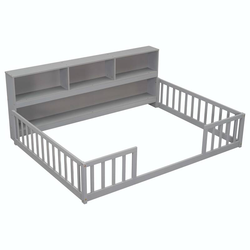 Full Floor Bed with Side Bookcase and Guardrails